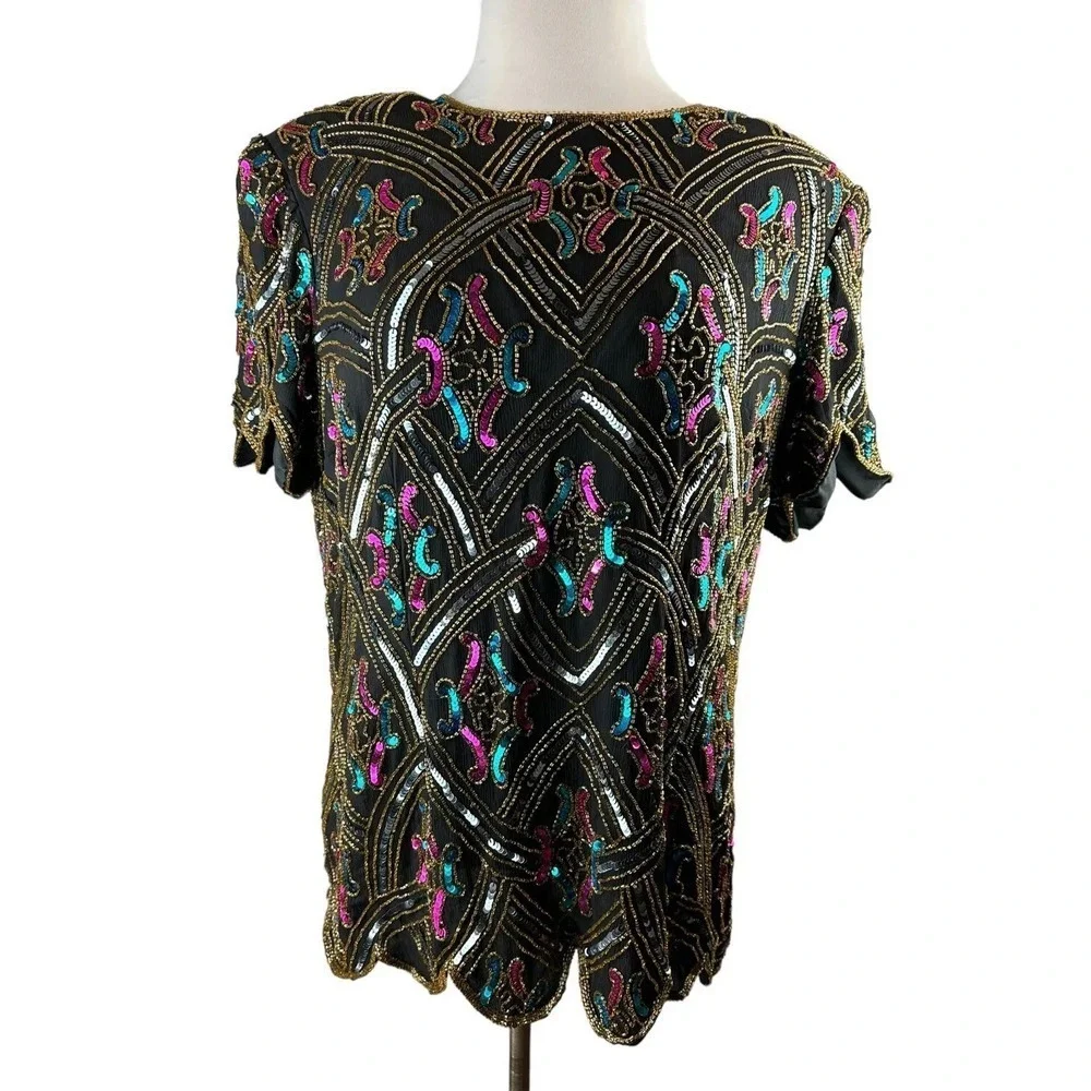 Vintage Papell Boutique Silk Sequin Beaded Embellished Top Black Plus Size 2X - Picture 3 of 12